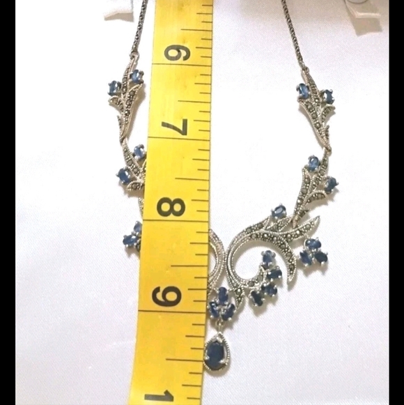 925 Genuine Blue Sapphire 28 Stones Marcasite Victorian Style Necklace 19"X5" - Picture 3 of 13